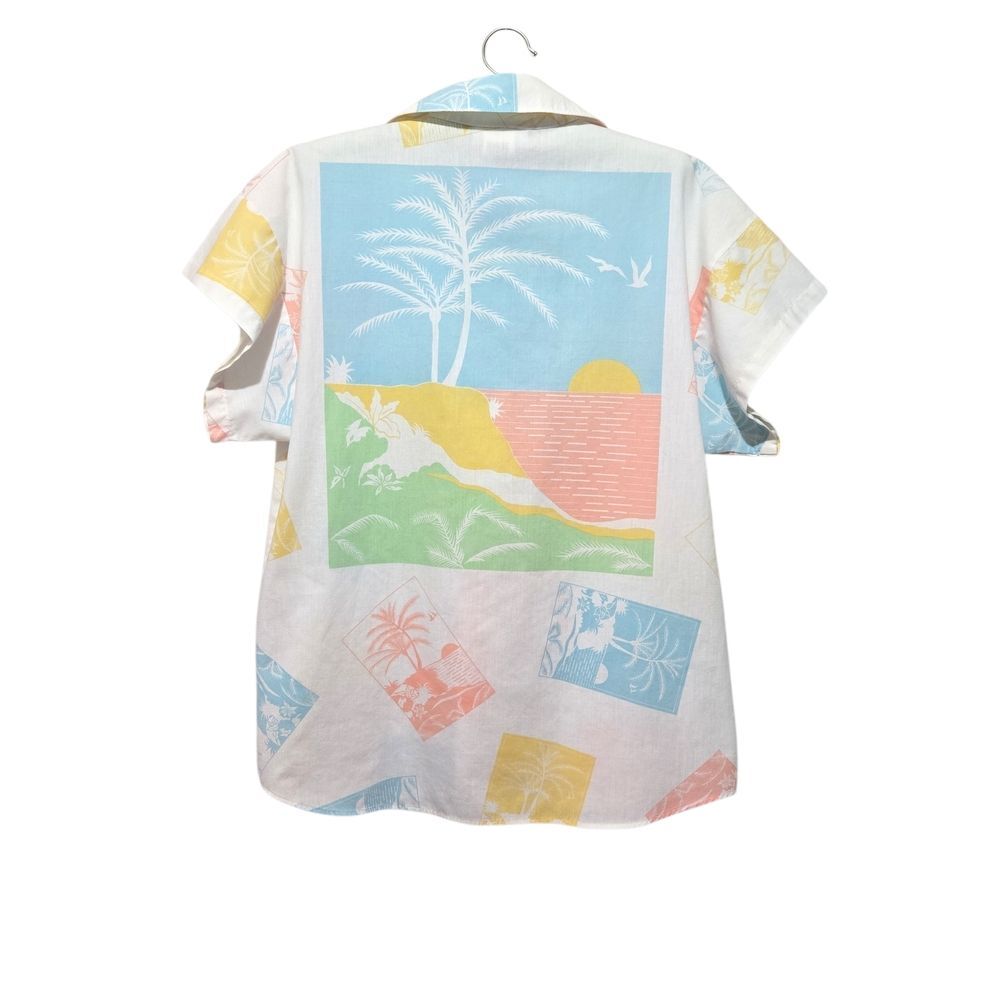 Vintage White Short-Sleeve Button-Up Shirt Pastel Tropical Color Blocks Resort S